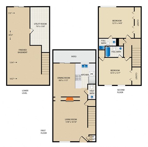 Floor plan for 2 beds, 2.5 baths, 1615 sqft